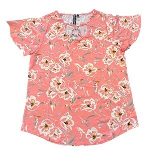 Zoe + Phoebe‎ Gold Floral Print Top Short Sleeve Womens Size Small Silver Decor